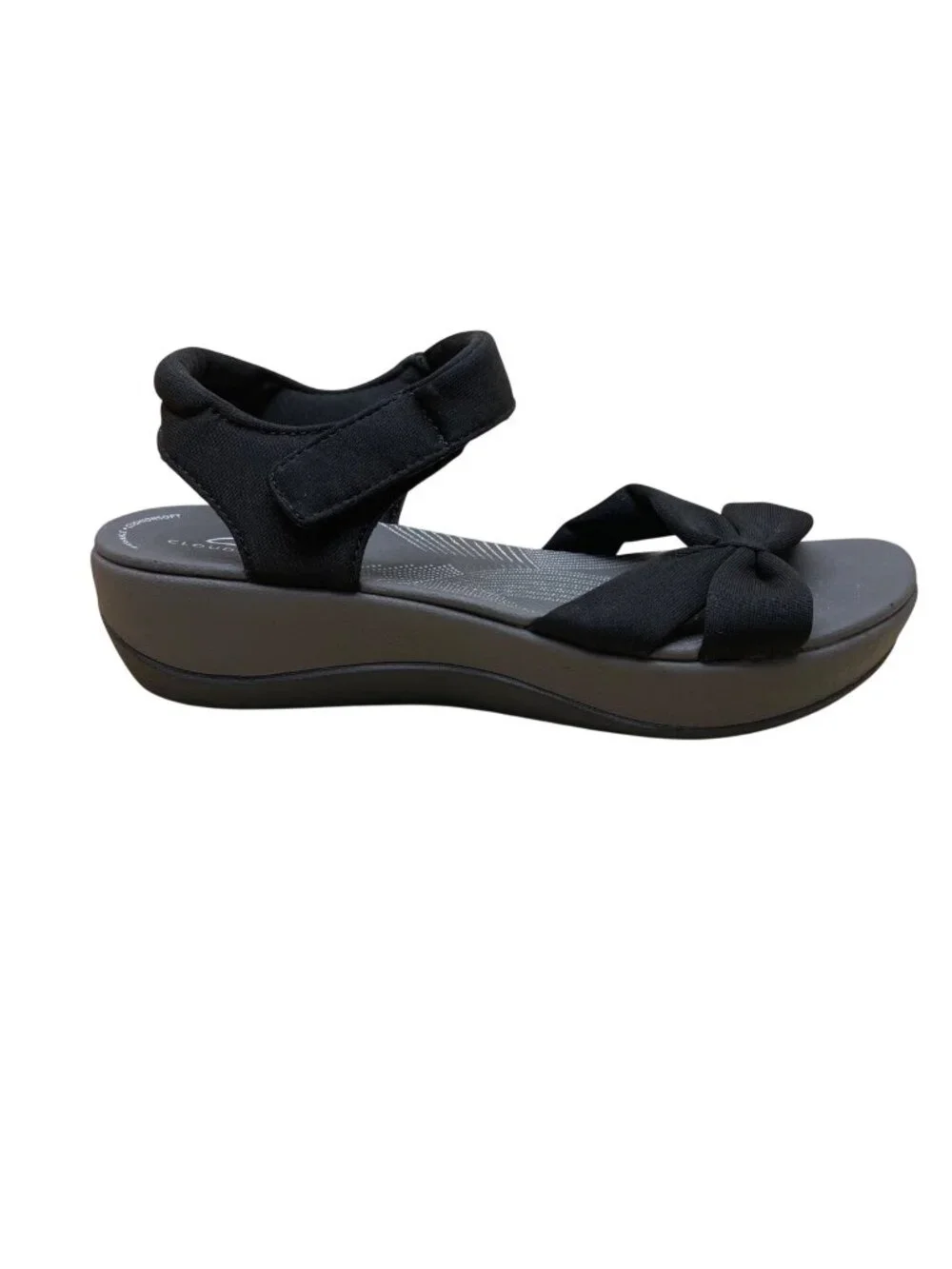 Clarks Women's Black Fabric Adhesive Strap Closure Bow Detail Sandals Size 7.5